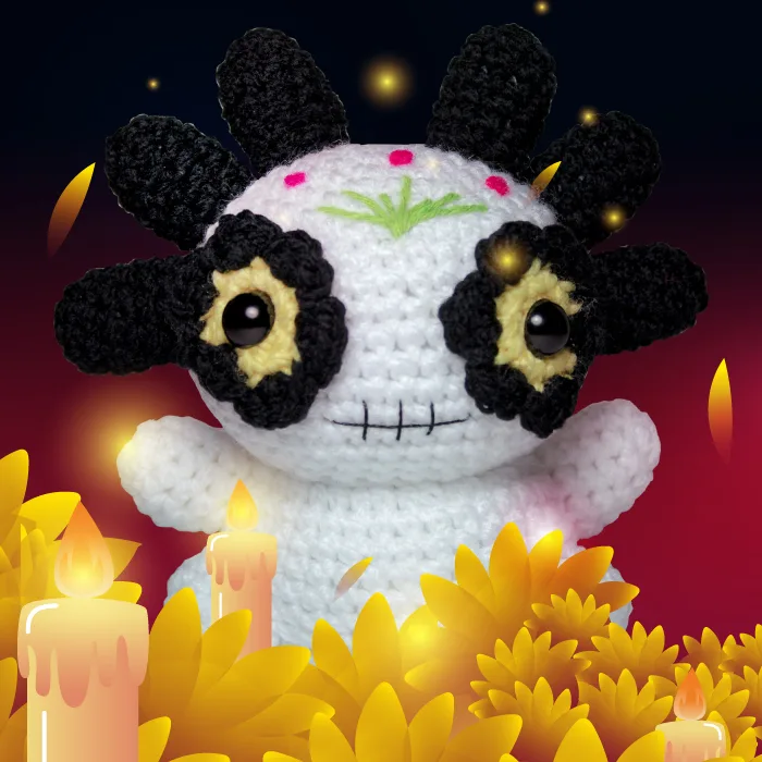 decoracion de dia de muertos ajolotito de peluche disfrazado de catrin despojo y esponjoso