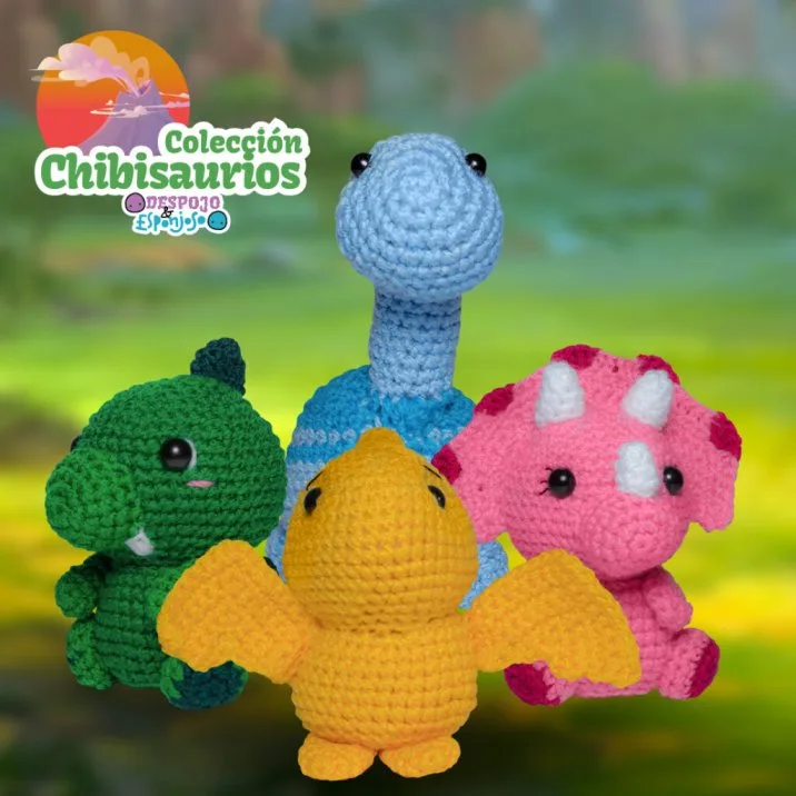 chibisaurios, despojo y esponjoso, peluches de dinosaurios, t-rex, tiranosaurio, tiranosaurus rex, triceratops, pterodáctilo, cuello largo, diplodocus, dinosaurios amigurumi