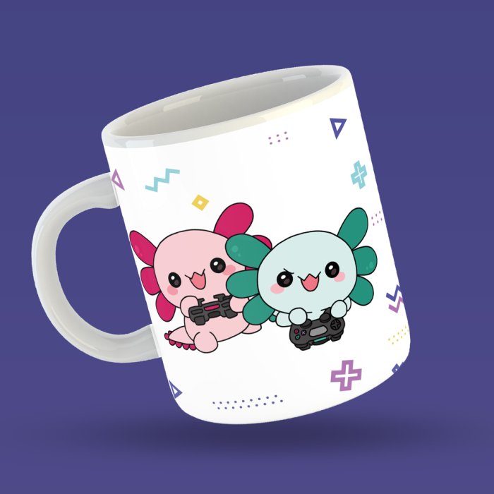 taza con diseño de dos ajolotitos jugando videojuegos marca Despojo & Esponjoso