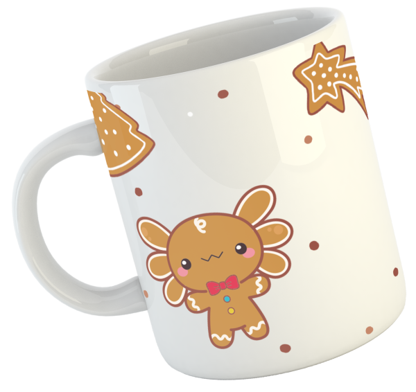 taza para café o chocolate marca Despojo y Esponjoso con diseño de Ajolotito Navidad de galleta