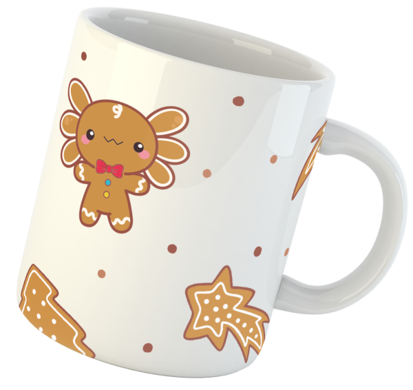 taza para café o chocolate marca Despojo y Esponjoso con diseño de Ajolotito Navidad de galleta