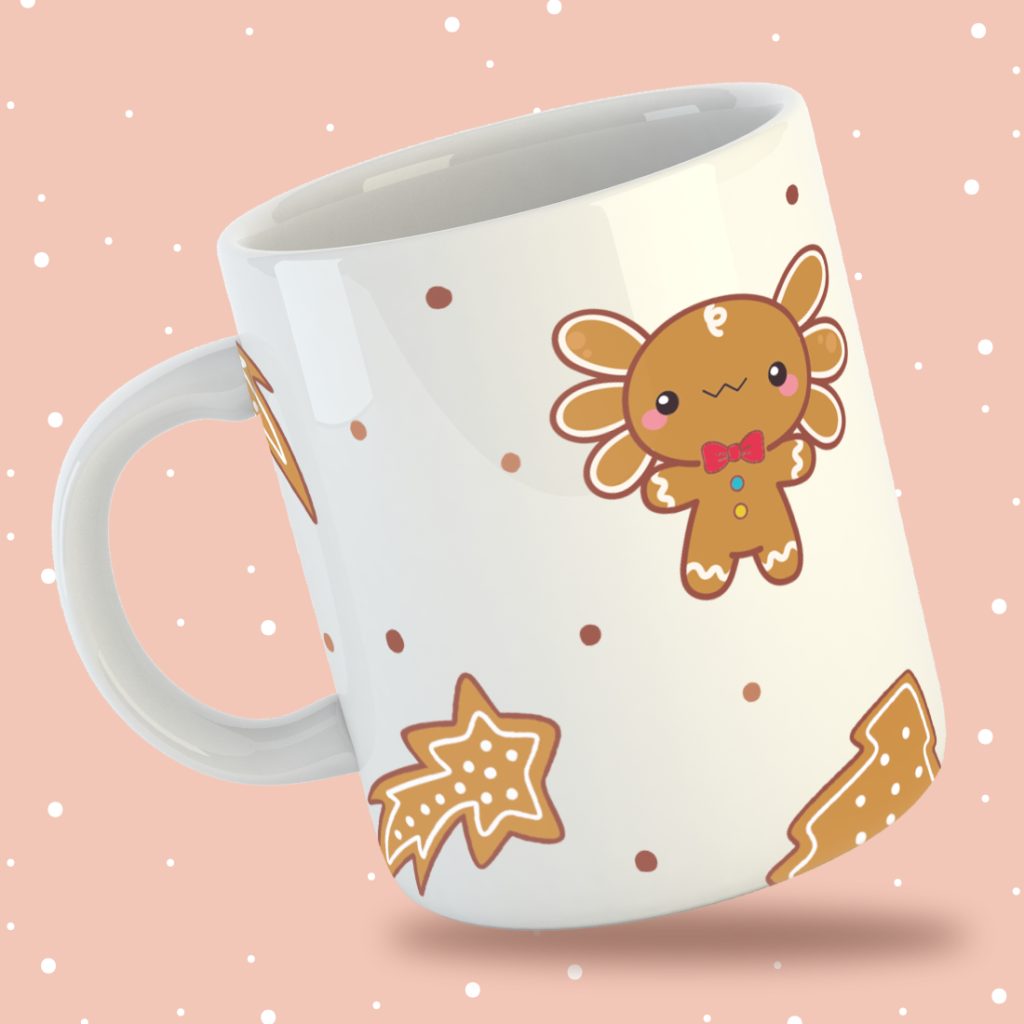 taza para café o chocolate marca Despojo y Esponjoso con diseño de Ajolotito Navidad de galleta