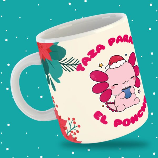 taza para café o chocolate o ponche marca Despojo y Esponjoso con diseño de Ajolotito Navidadeño