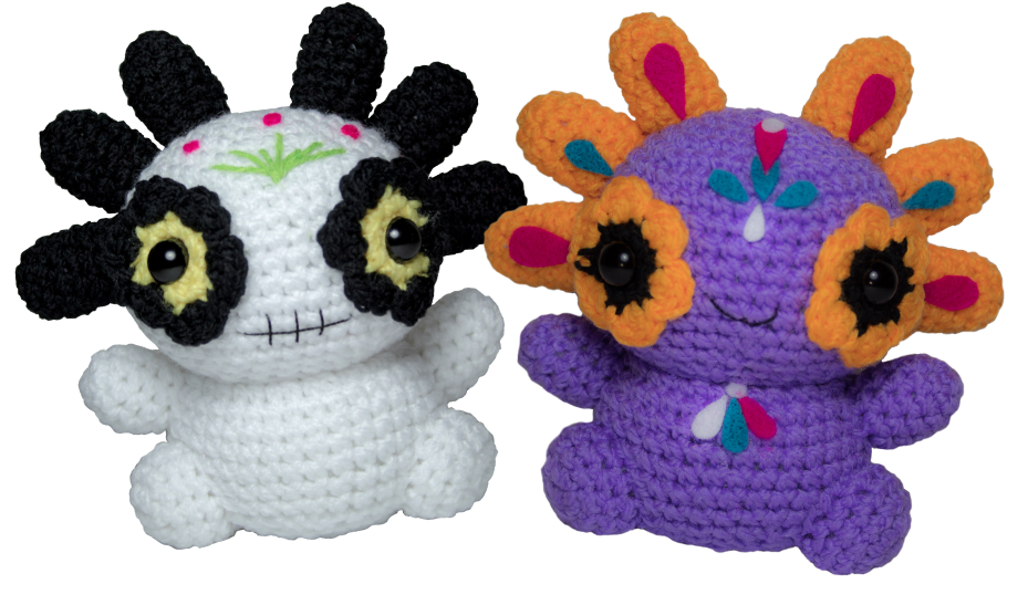 ajolotes de peluche tejidos El Catrin y La Catrina CHibi Ajolotitos marca Despojo & Esponjoso